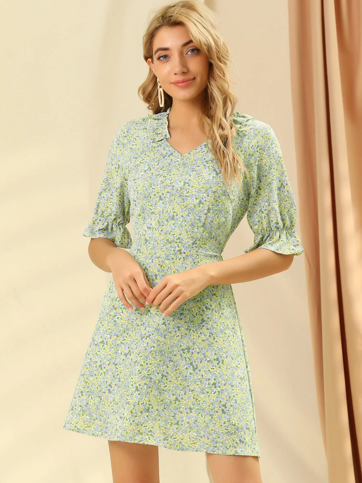 Floral Print Short Raglan Sleeves Frilly V Neck Dress sold by Allegra K product image thumbnail 3