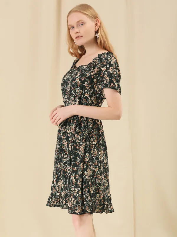 Floral Ruffle Scoop Neck Peasant Tie Short Sleeve Summer Dress sold by Allegra K