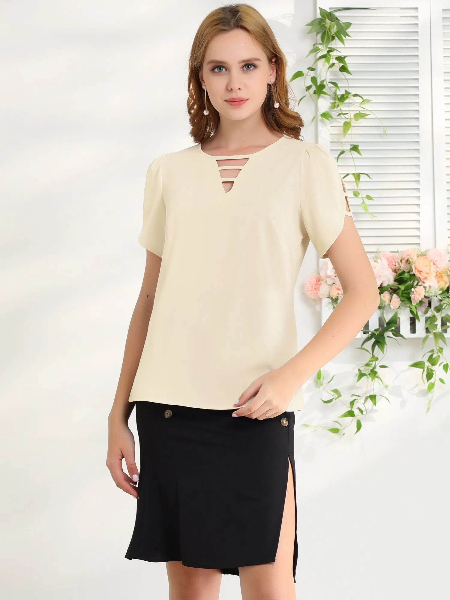 Cutout Round Neck Cap Sleeve Casual Top sold by Allegra K product image thumbnail 3
