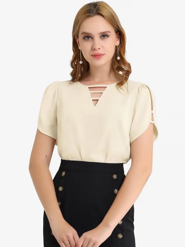 Cutout Round Neck Cap Sleeve Casual Top sold by Allegra K