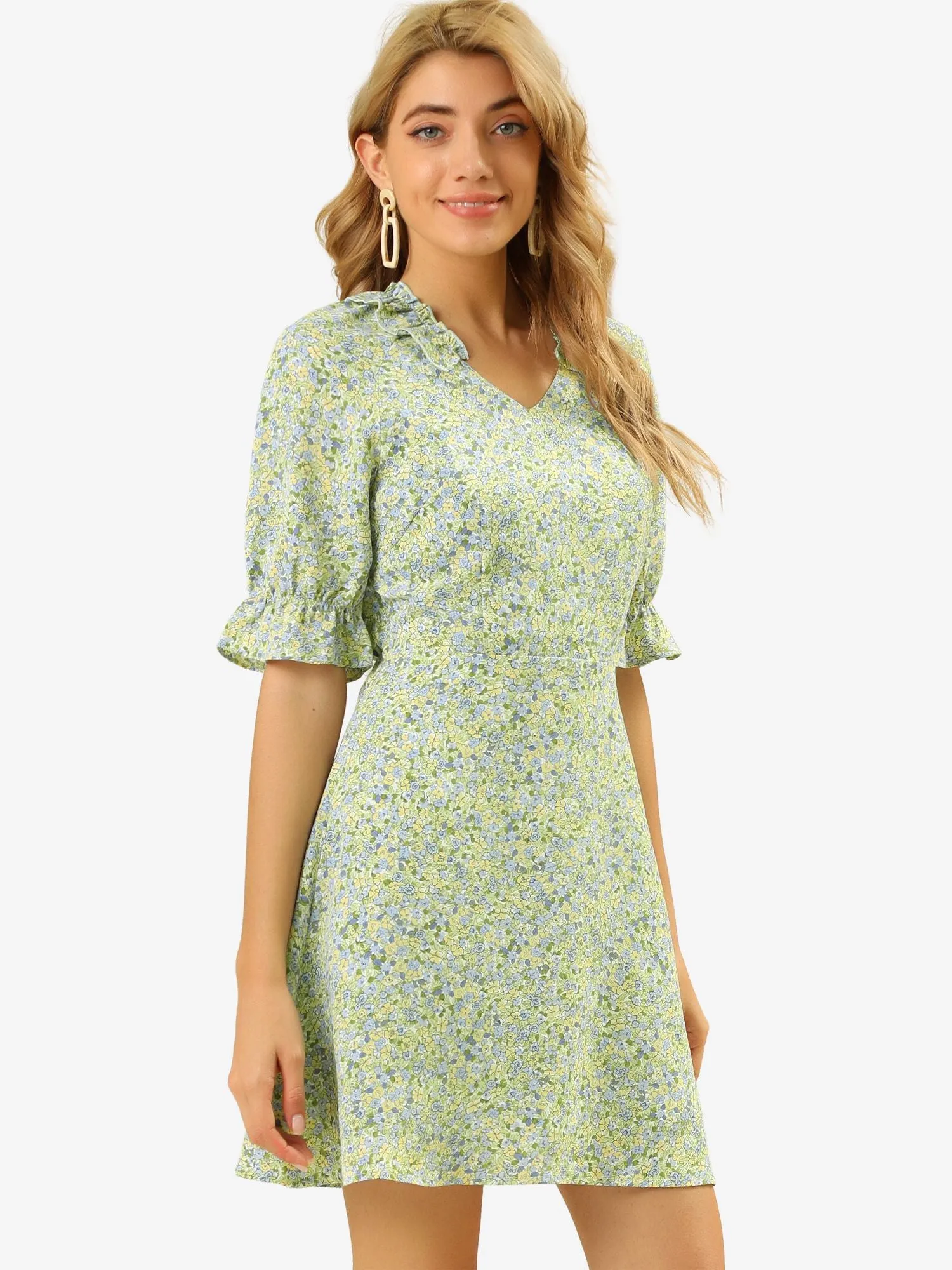 Floral Print Short Raglan Sleeves Frilly V Neck Dress sold by Allegra K