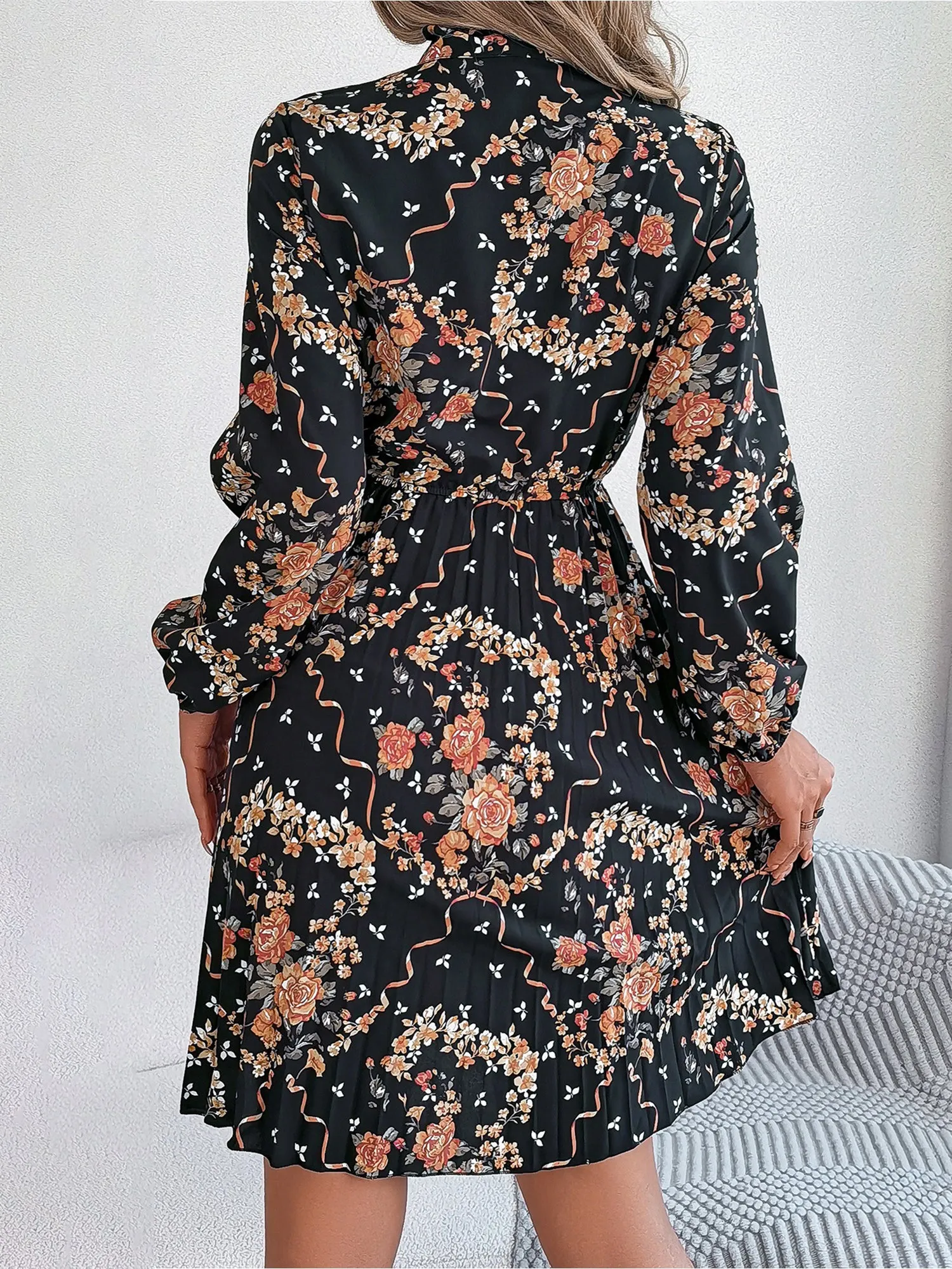 Floral Bow Tie Long Sleeve Pleated A-Line Dress sold by Allegra K product image thumbnail 2