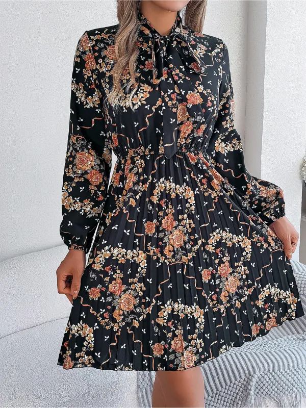 Floral Bow Tie Long Sleeve Pleated A-Line Dress sold by Allegra K