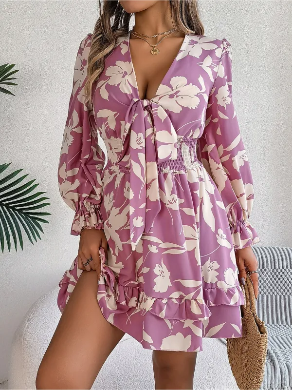 Floral Lace-Up V Neck Smocked Ruffled A-Line Dress sold by Allegra K