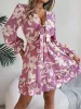 Floral Lace-Up V Neck Smocked Ruffled A-Line Dress sold by Allegra K