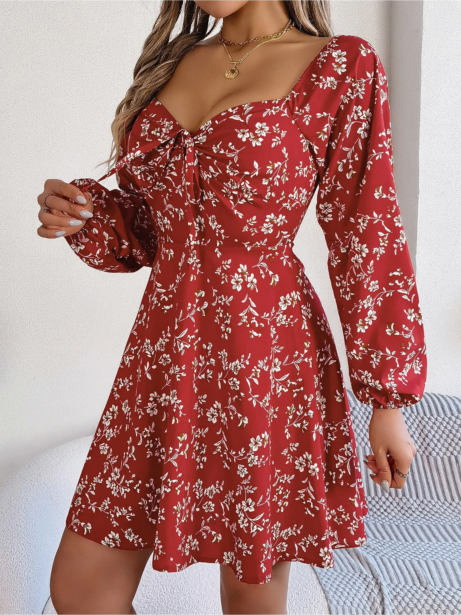 Casual Square Neck Floral Long Sleeve A-Line Dress sold by Allegra K product image thumbnail 4