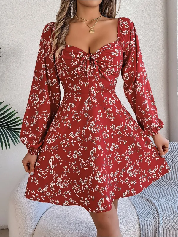 Casual Square Neck Floral Long Sleeve A-Line Dress sold by Allegra K