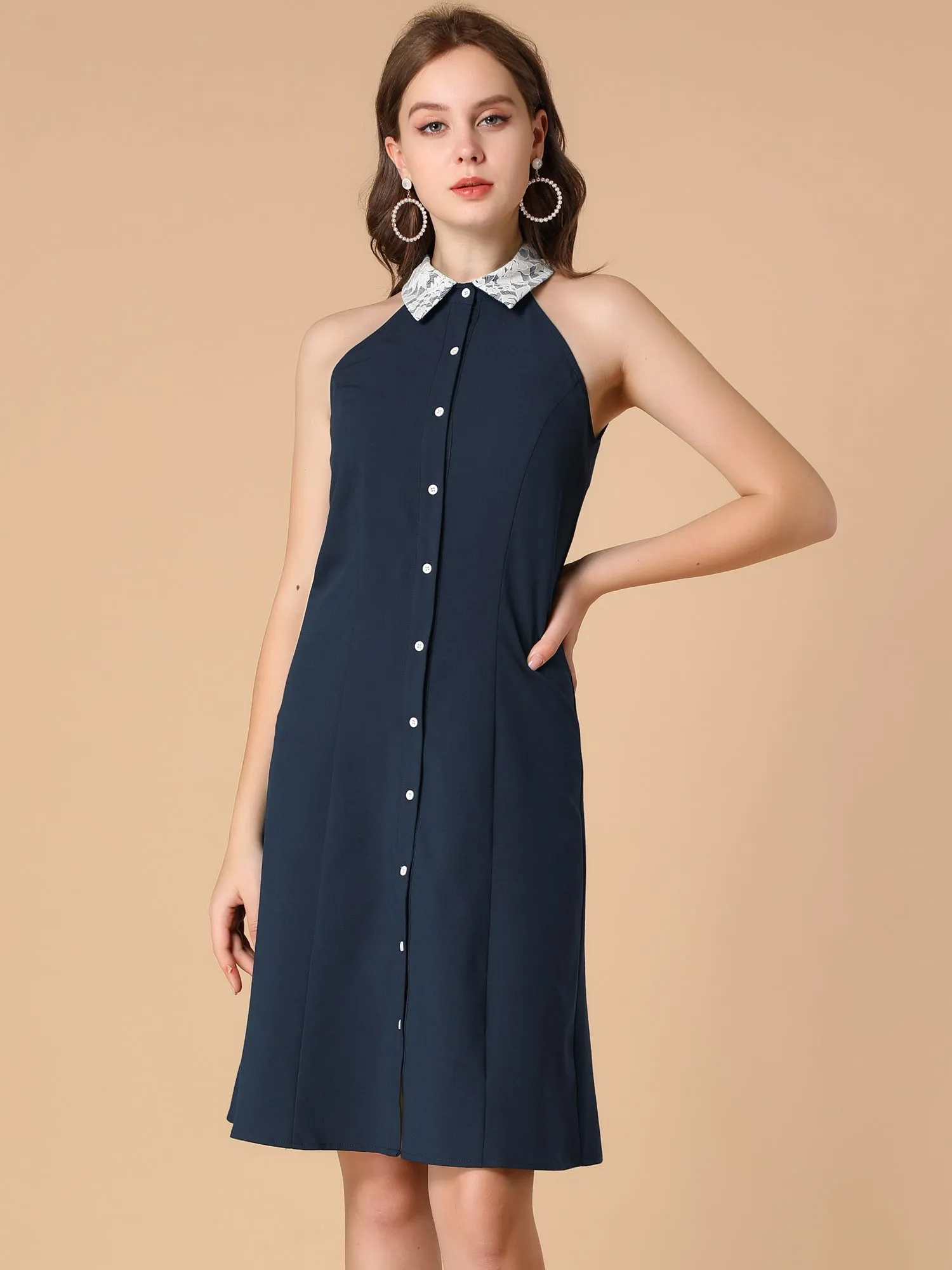 Retro Point Collar Lace Panel Button Down Sleeveless Shirt Dress sold by Allegra K product image thumbnail 4
