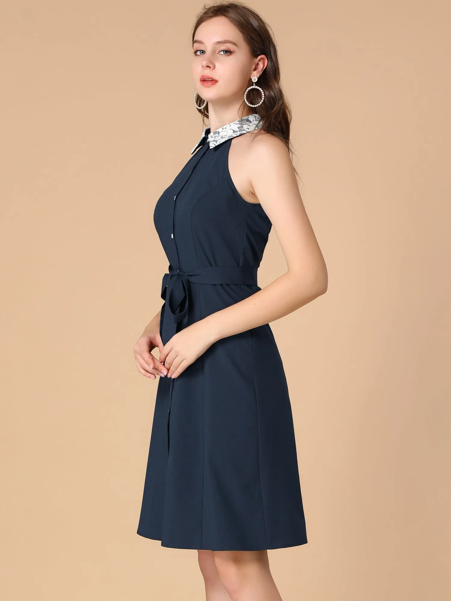 Retro Point Collar Lace Panel Button Down Sleeveless Shirt Dress sold by Allegra K product image thumbnail 2