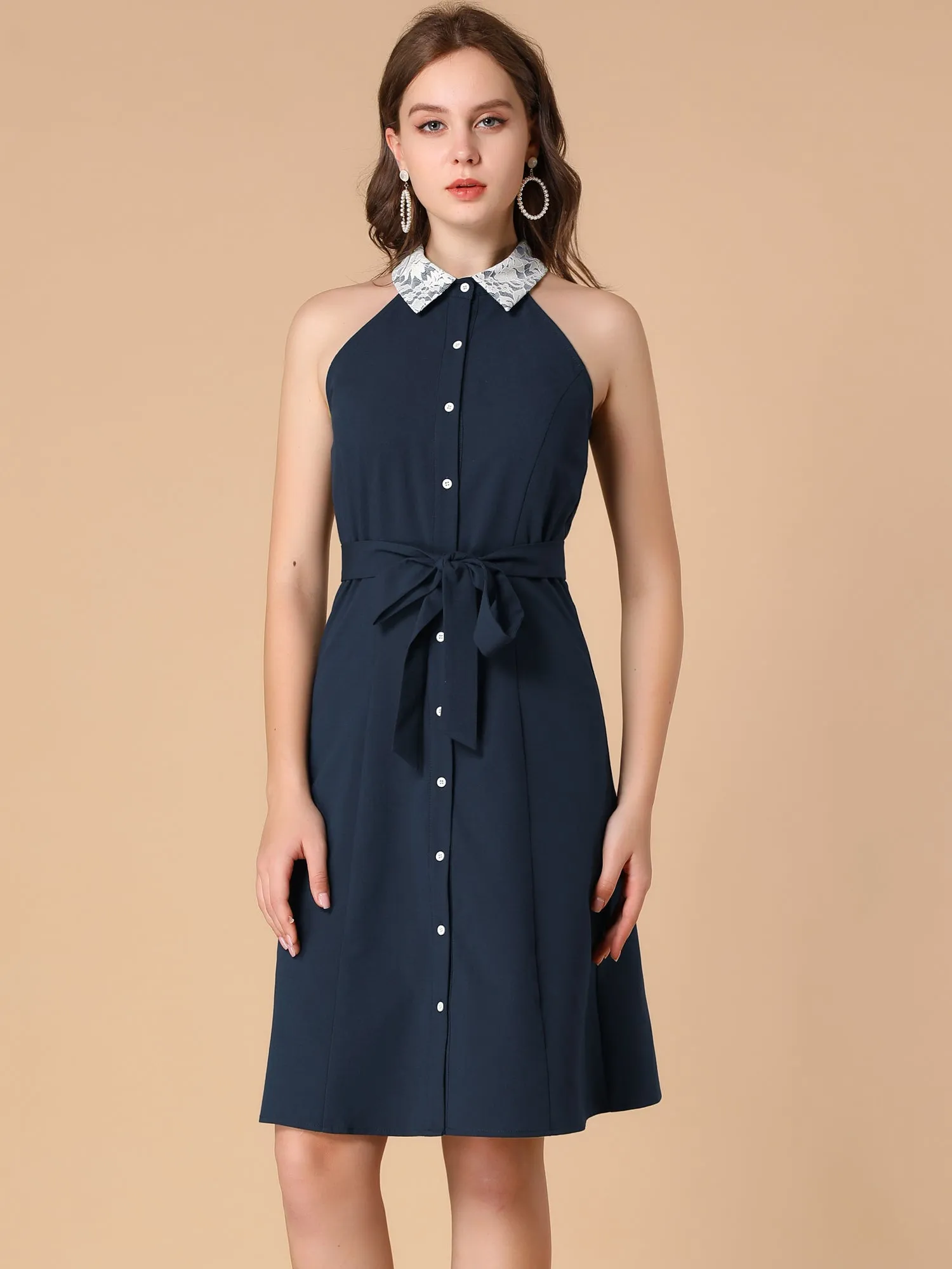 Retro Point Collar Lace Panel Button Down Sleeveless Shirt Dress sold by Allegra K