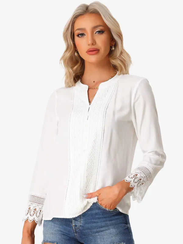 Boho Half Button Placket Long Sleeve Lace Crochet Blouses sold by Allegra K