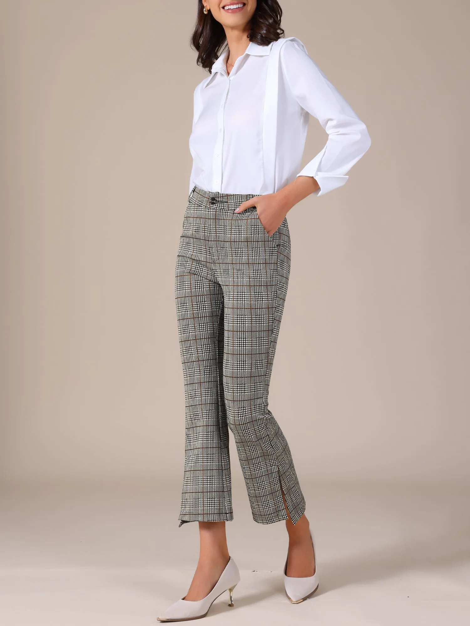 Women's Plaid High Waist Side Slit Cropped Suit Pants sold by Allegra K