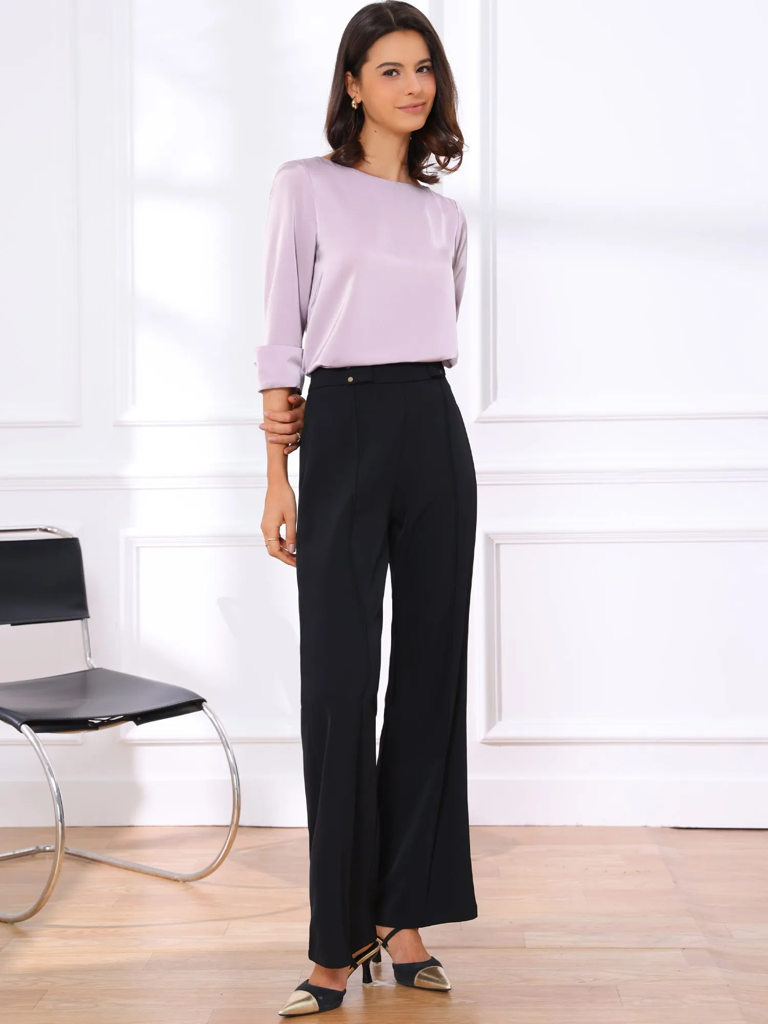 Dressy Casual Boat Neck 3/4 Sleeve Work Satin Blouse sold by Allegra K product image thumbnail 3