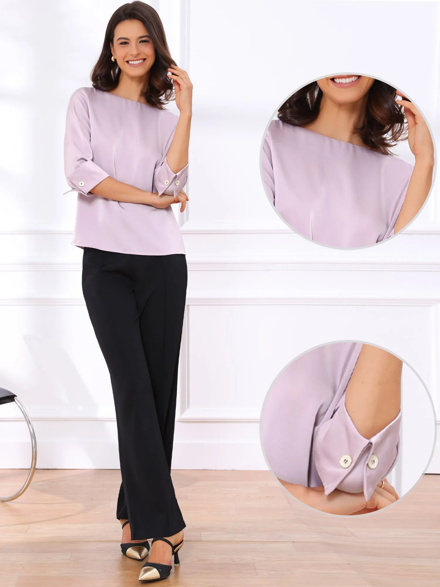 Dressy Casual Boat Neck 3/4 Sleeve Work Satin Blouse sold by Allegra K