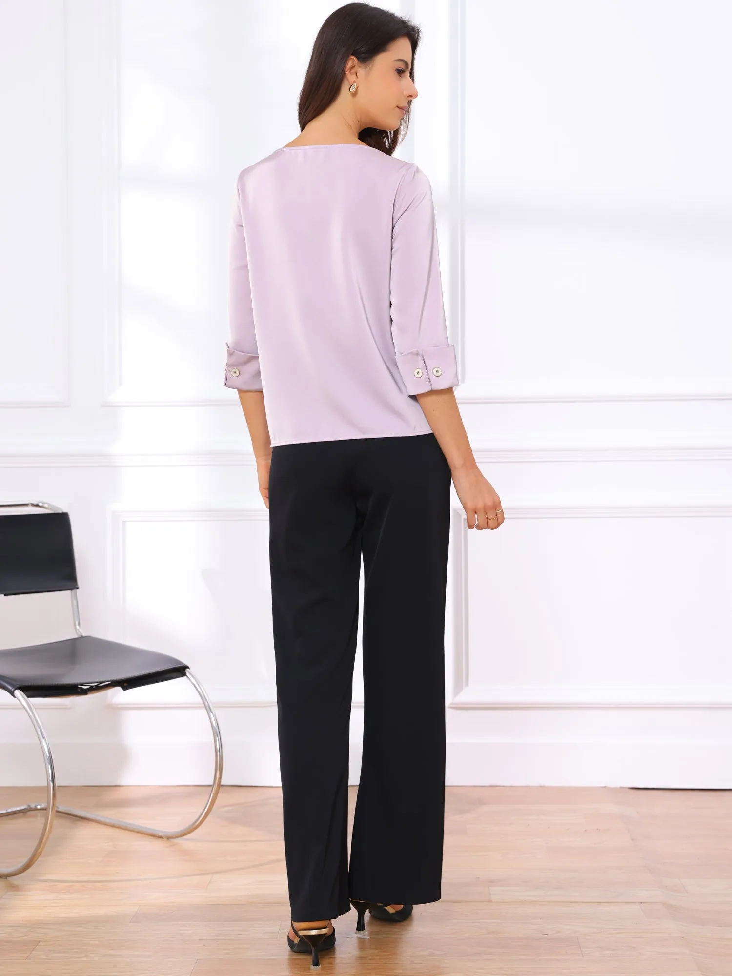 Dressy Casual Boat Neck 3/4 Sleeve Work Satin Blouse sold by Allegra K product image thumbnail 2