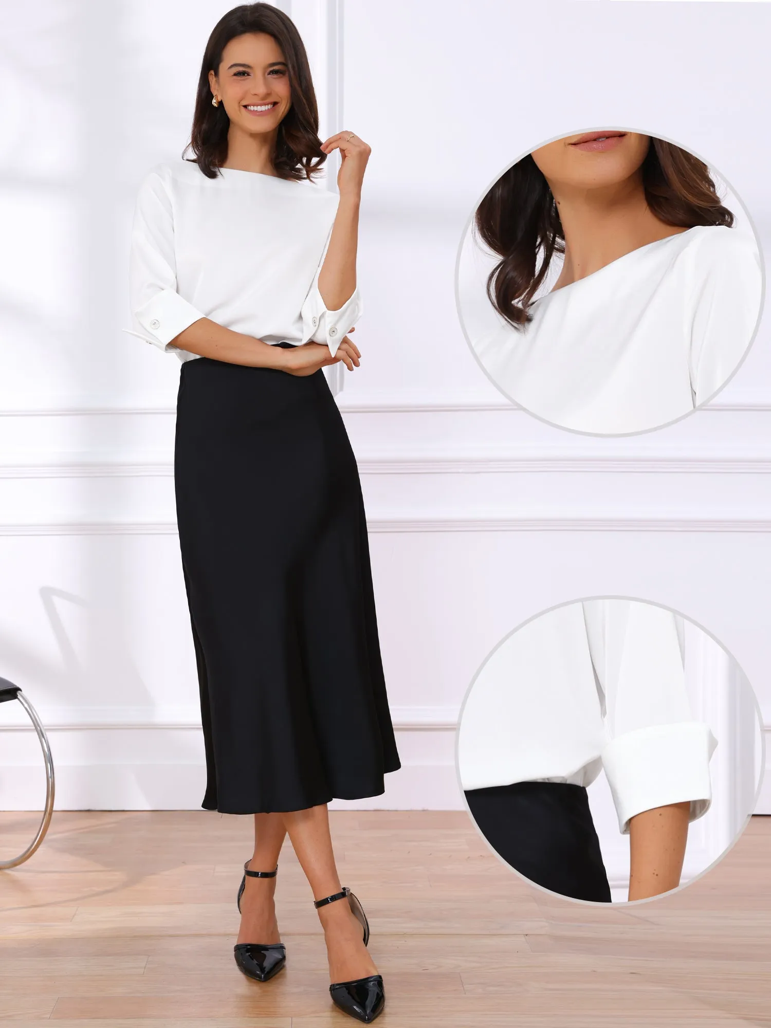 Dressy Casual Boat Neck 3/4 Sleeve Work Satin Blouse sold by Allegra K product image thumbnail 5