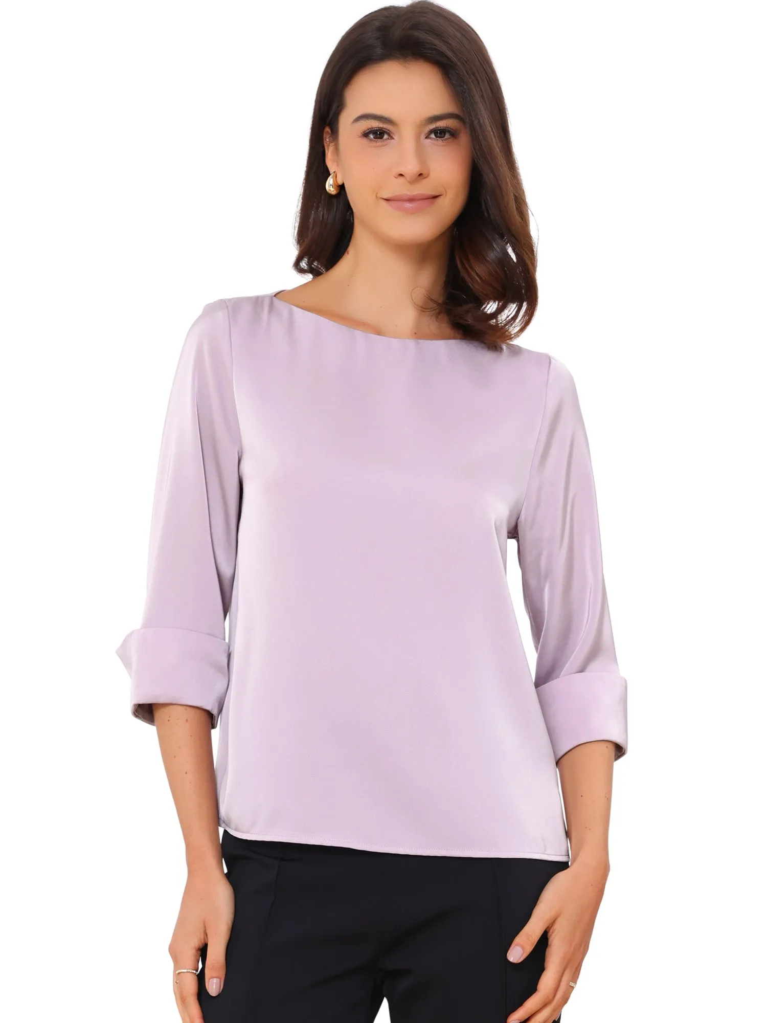 Dressy Casual Boat Neck 3/4 Sleeve Work Satin Blouse sold by Allegra K product image thumbnail 4
