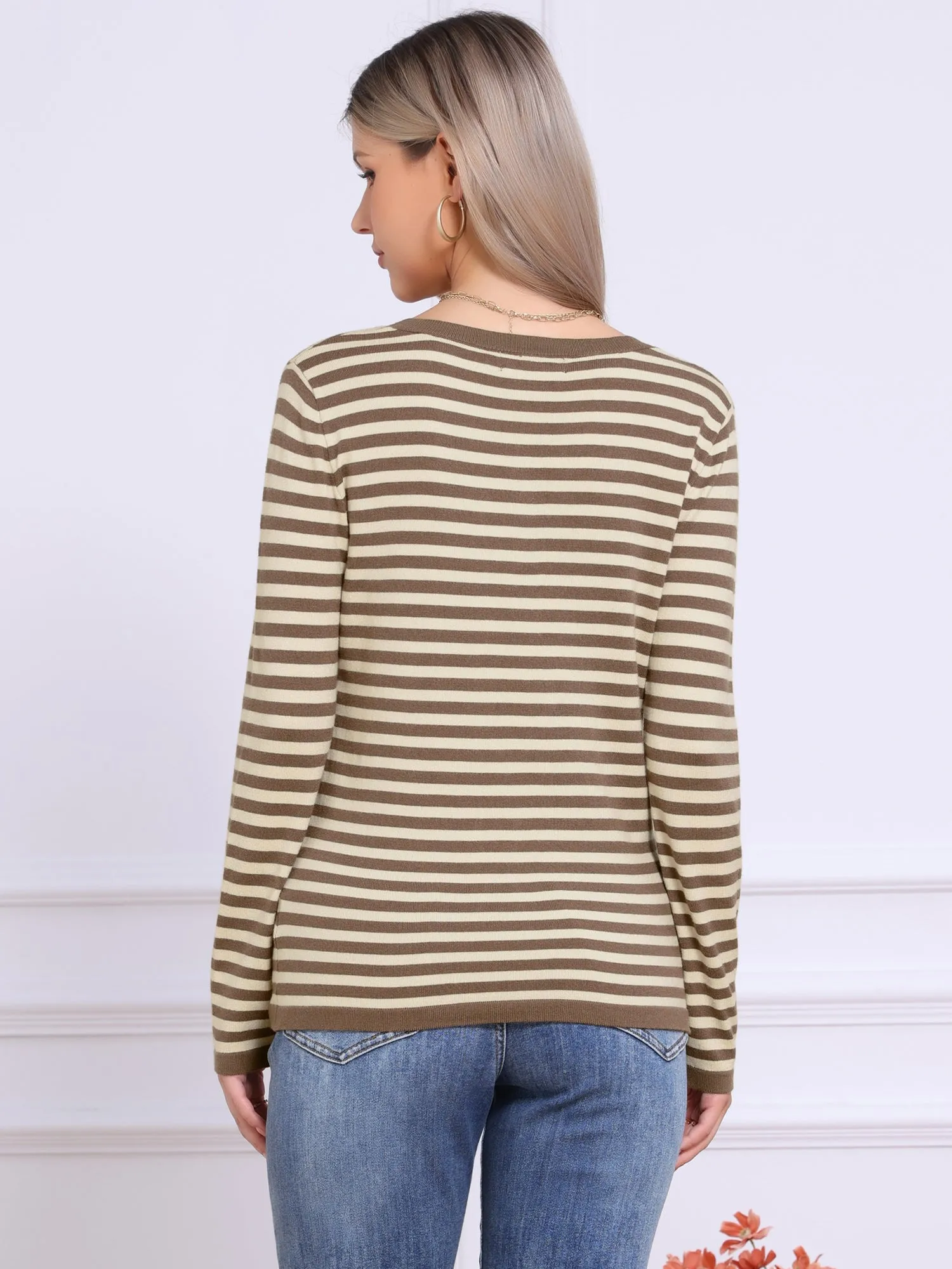 Long Sleeve Striped Notched Neck Casual Basic Knitted Top sold by Allegra K product image thumbnail 2