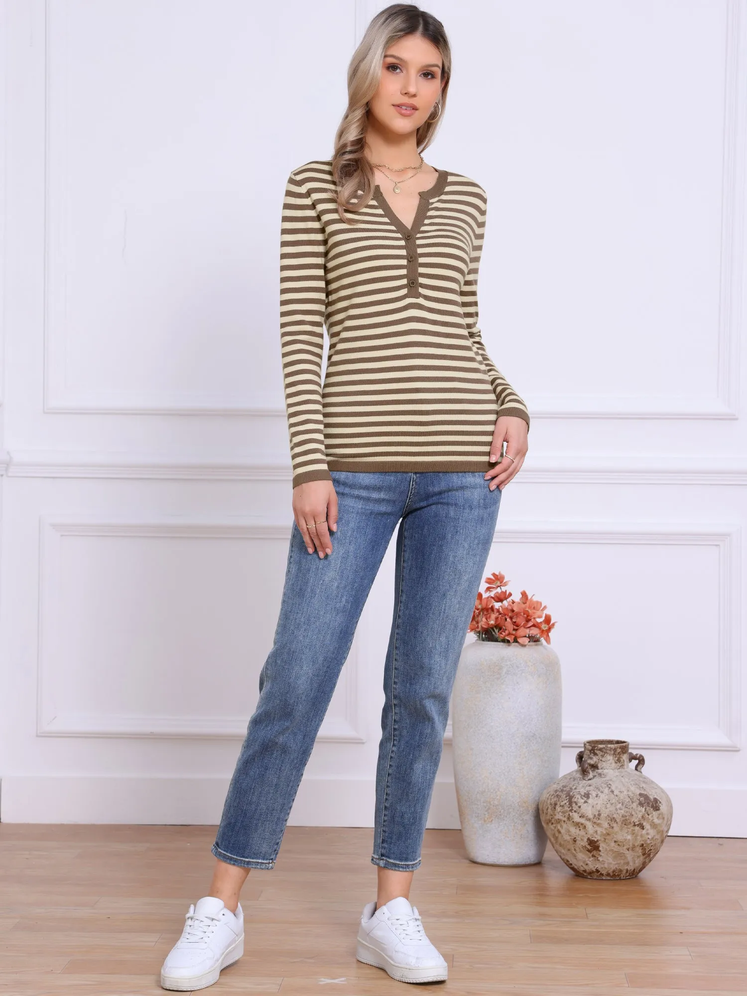 Long Sleeve Striped Notched Neck Casual Basic Knitted Top sold by Allegra K