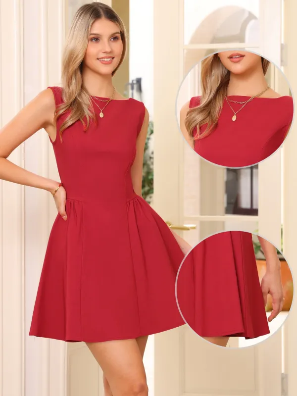 Sleeveless Boat Neck Solid Color A-Line Mini Dress sold by Allegra K