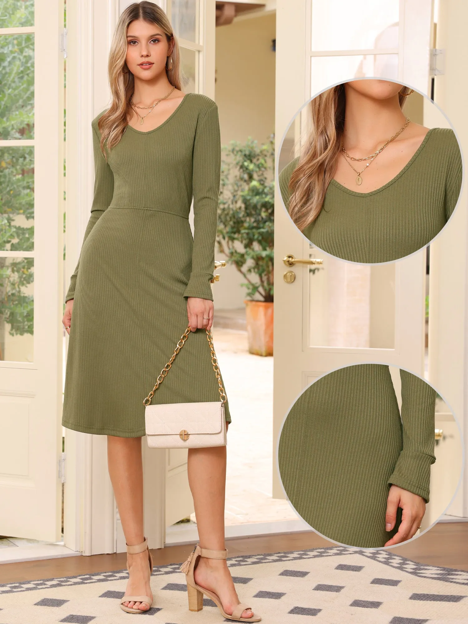 Ribbed Knitted Long Sleeve Crew Neck Midi Sweater Dress sold by Allegra K product image thumbnail 5