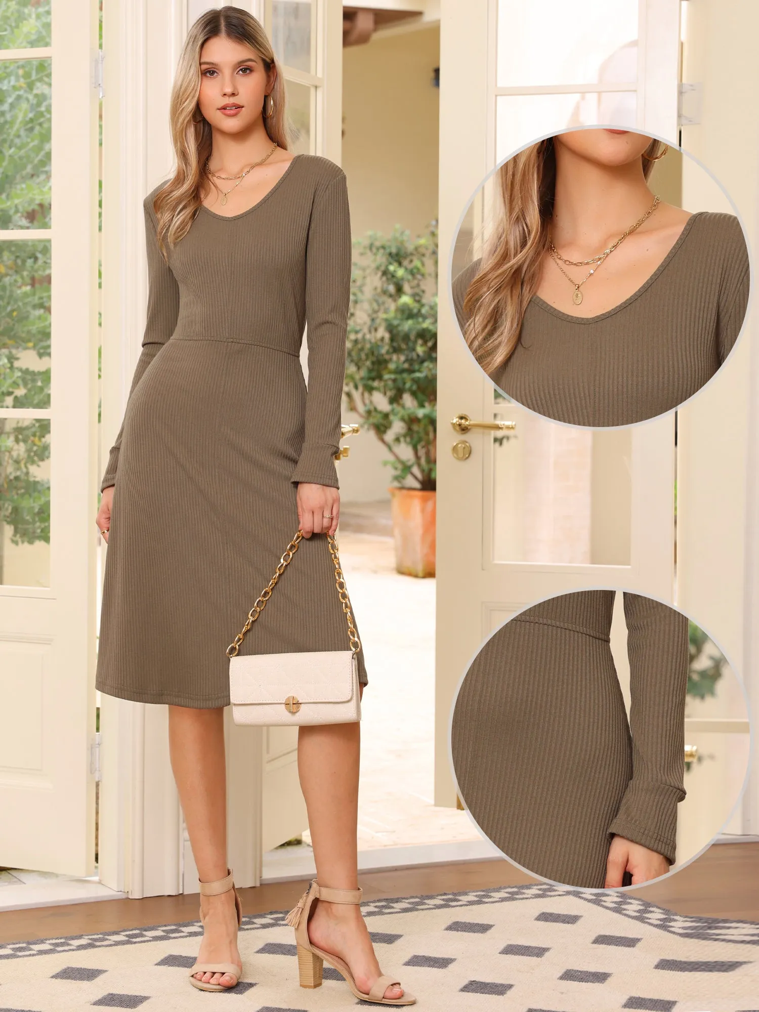 Ribbed Knitted Long Sleeve Crew Neck Midi Sweater Dress sold by Allegra K