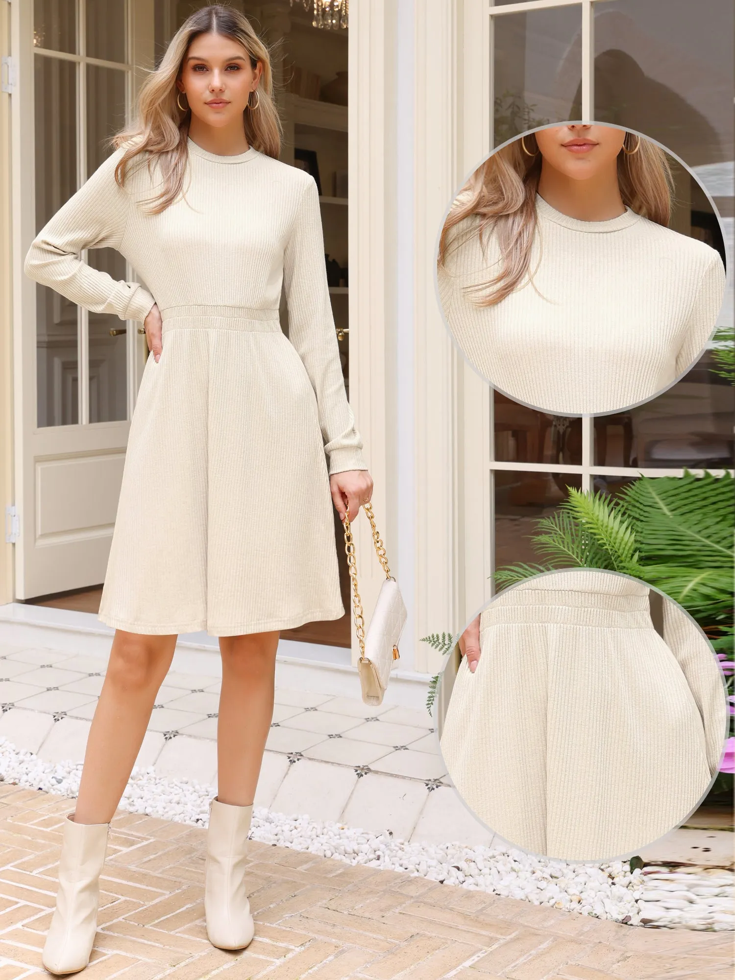 Long Sleeve Crew Neck Ribbed Knit Textured Sweater Dress sold by Allegra K