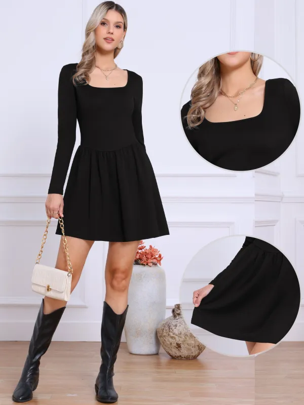 Square Neck Long Sleeve A-Line Casual Above the Knee Dress sold by Allegra K