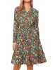 Long Sleeve V Neck Floral Smocked Ruffle A Line Knee Length Dress sold by Allegra K