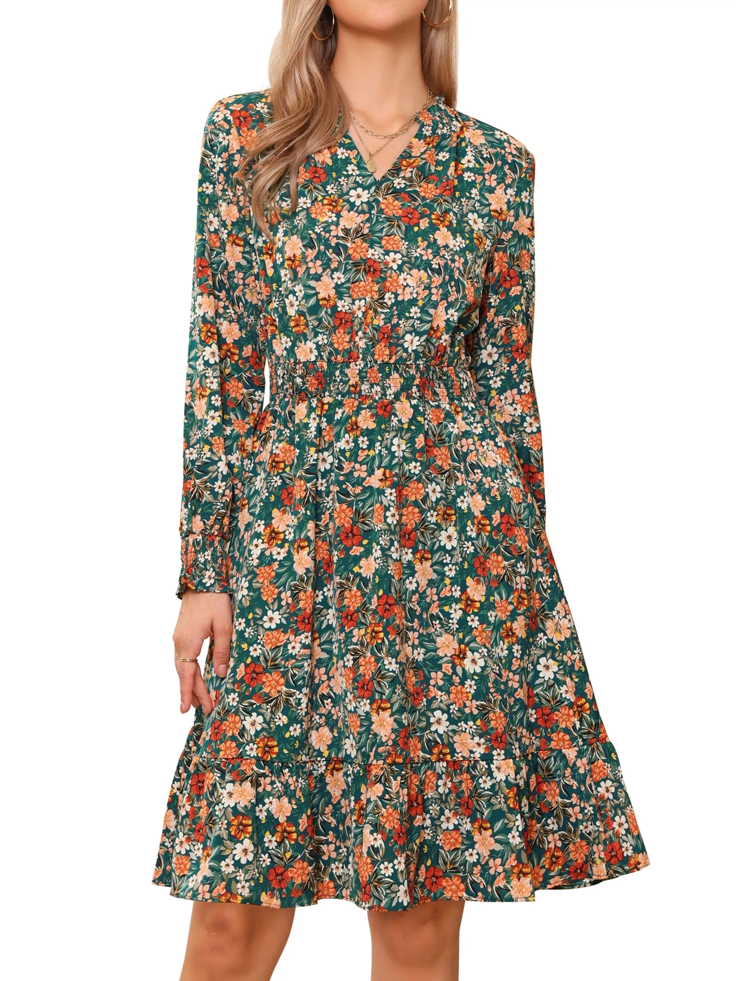 Long Sleeve V Neck Floral Smocked Ruffle A Line Knee Length Dress sold by Allegra K product image thumbnail 4