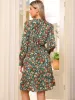 Long Sleeve V Neck Floral Smocked Ruffle A Line Knee Length Dress sold by Allegra K