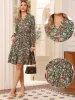Long Sleeve V Neck Floral Smocked Ruffle A Line Knee Length Dress sold by Allegra K