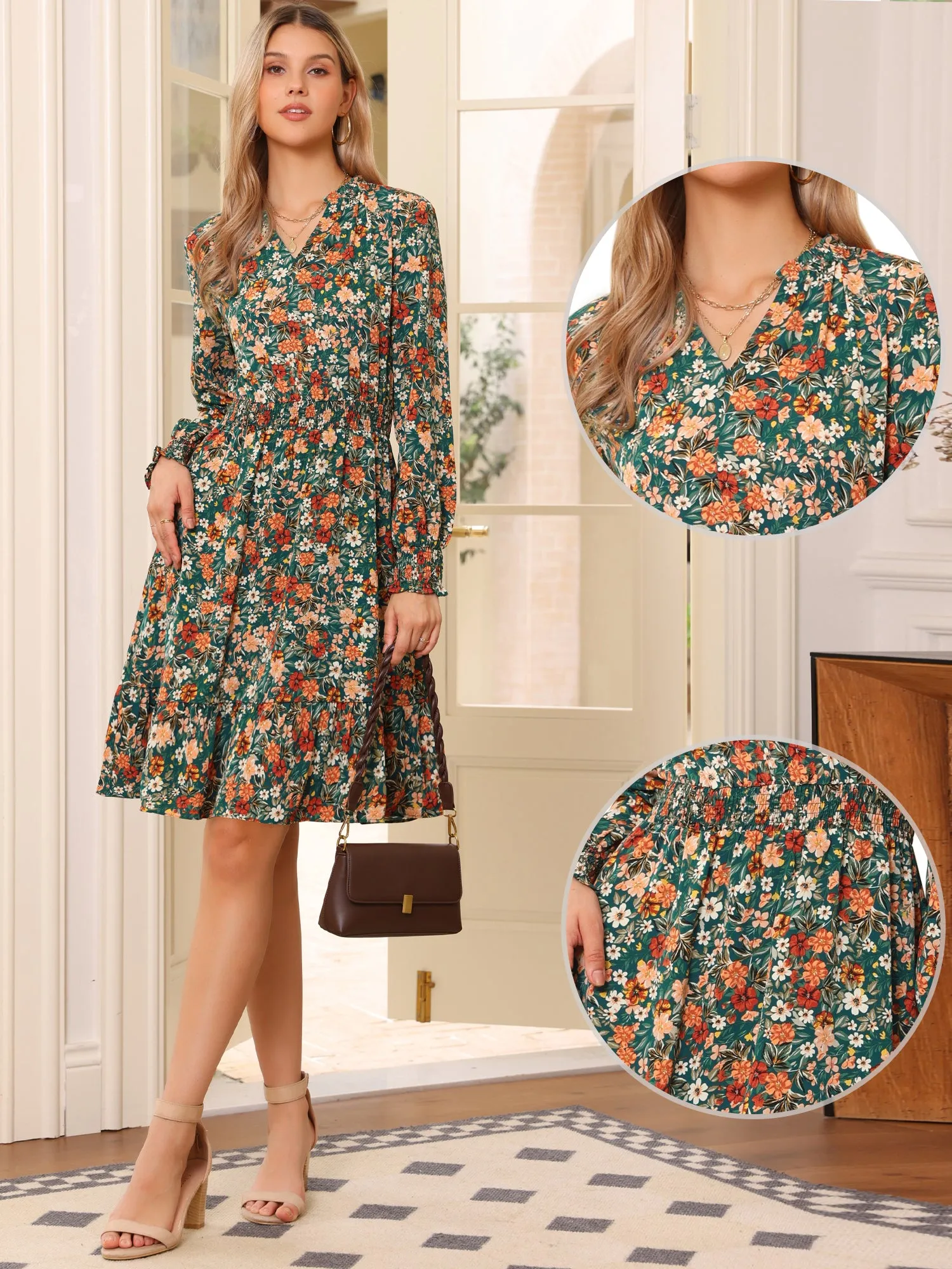 Long Sleeve V Neck Floral Smocked Ruffle A Line Knee Length Dress sold by Allegra K