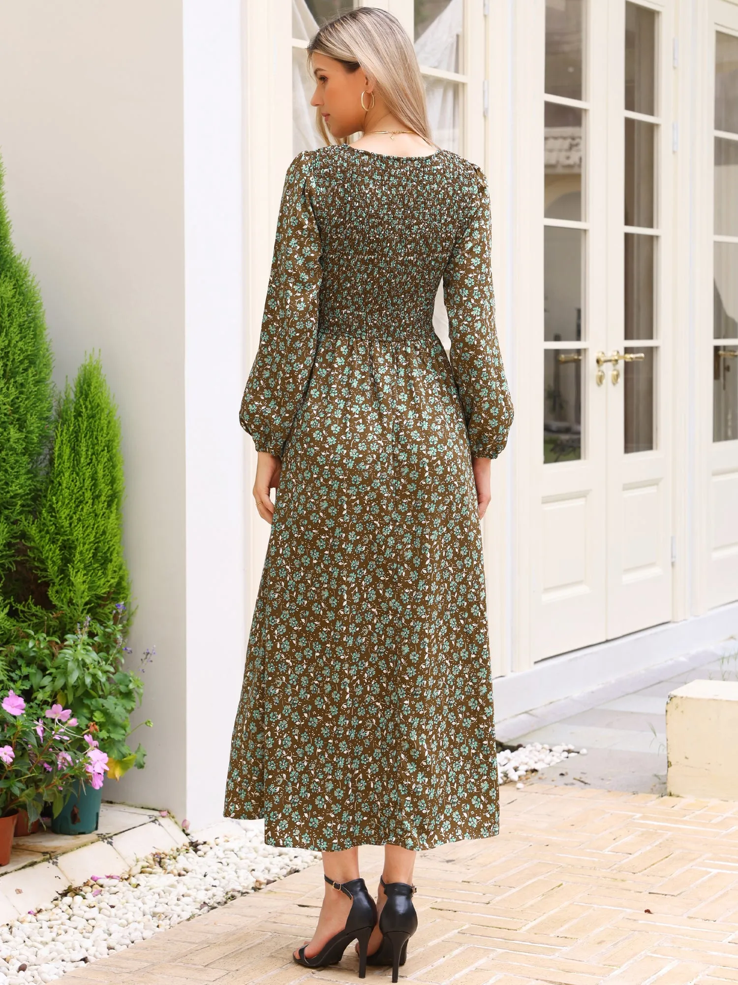 Floral Smocked Long Puff Sleeve A-Line Maxi Dress sold by Allegra K product image thumbnail 2