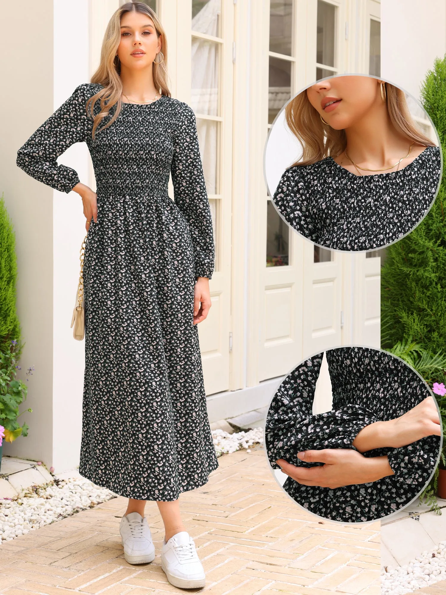 Floral Smocked Long Puff Sleeve A-Line Maxi Dress sold by Allegra K product image thumbnail 5