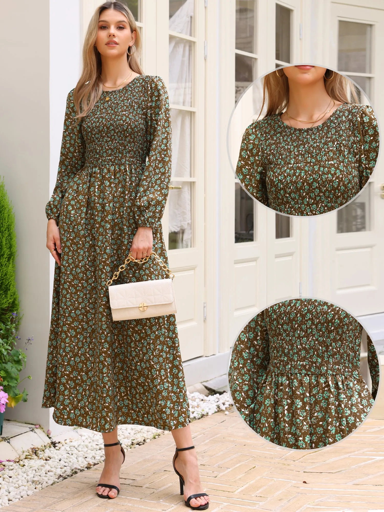 Floral Smocked Long Puff Sleeve A-Line Maxi Dress sold by Allegra K