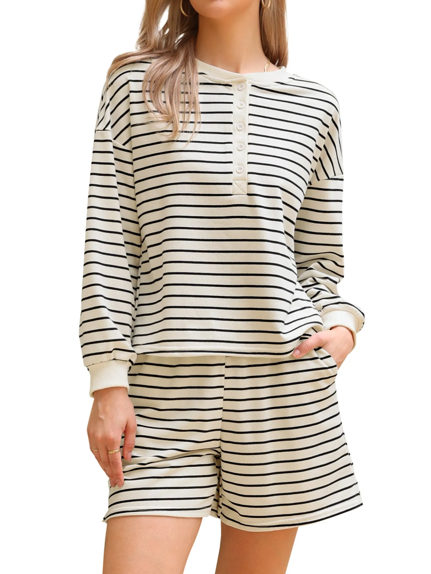 2 Pieces Striped Button Long Sleeve Tops & Shorts Casual Matching Set sold by Allegra K product image thumbnail 3