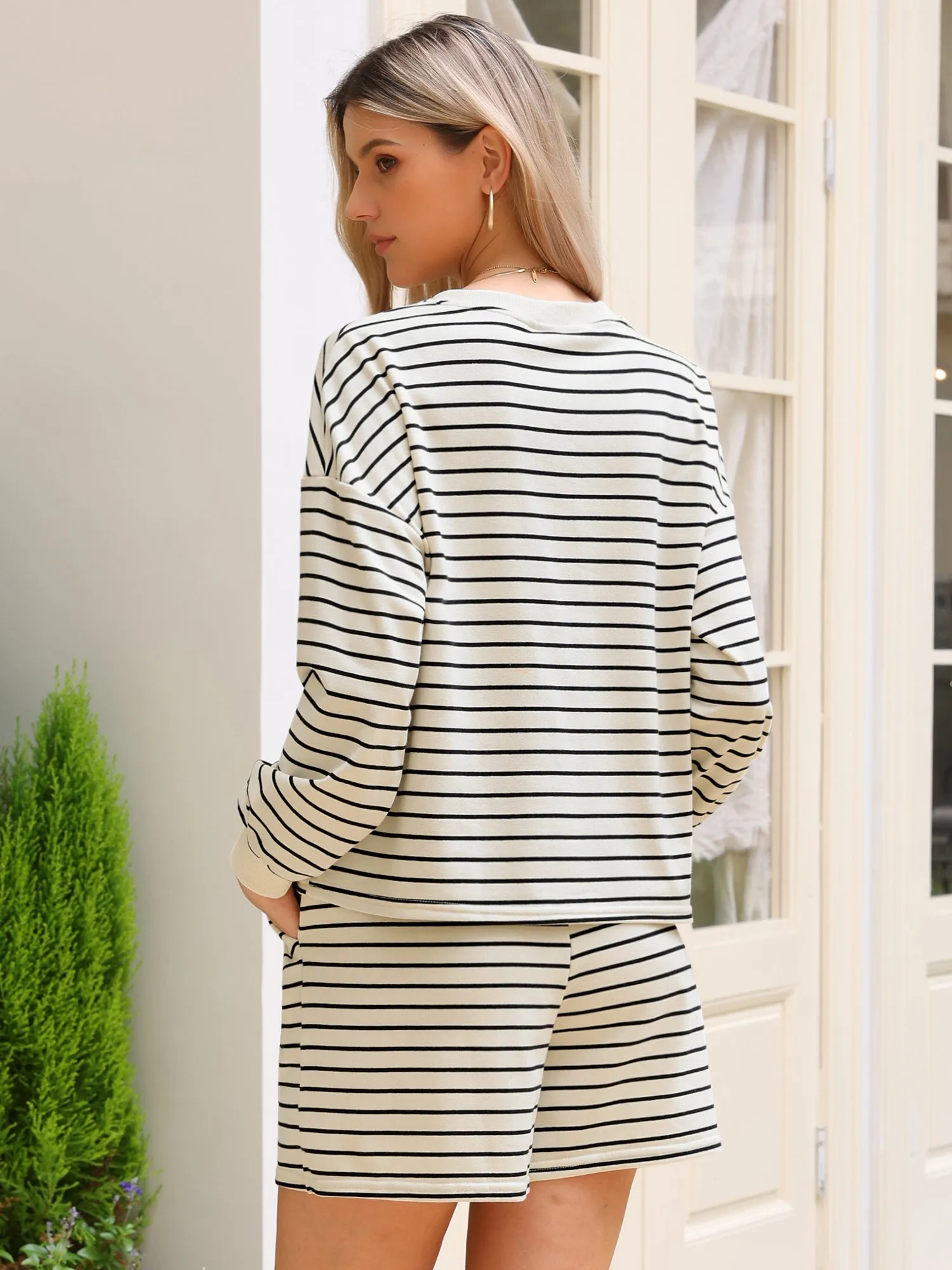 2 Pieces Striped Button Long Sleeve Tops & Shorts Casual Matching Set sold by Allegra K product image thumbnail 2