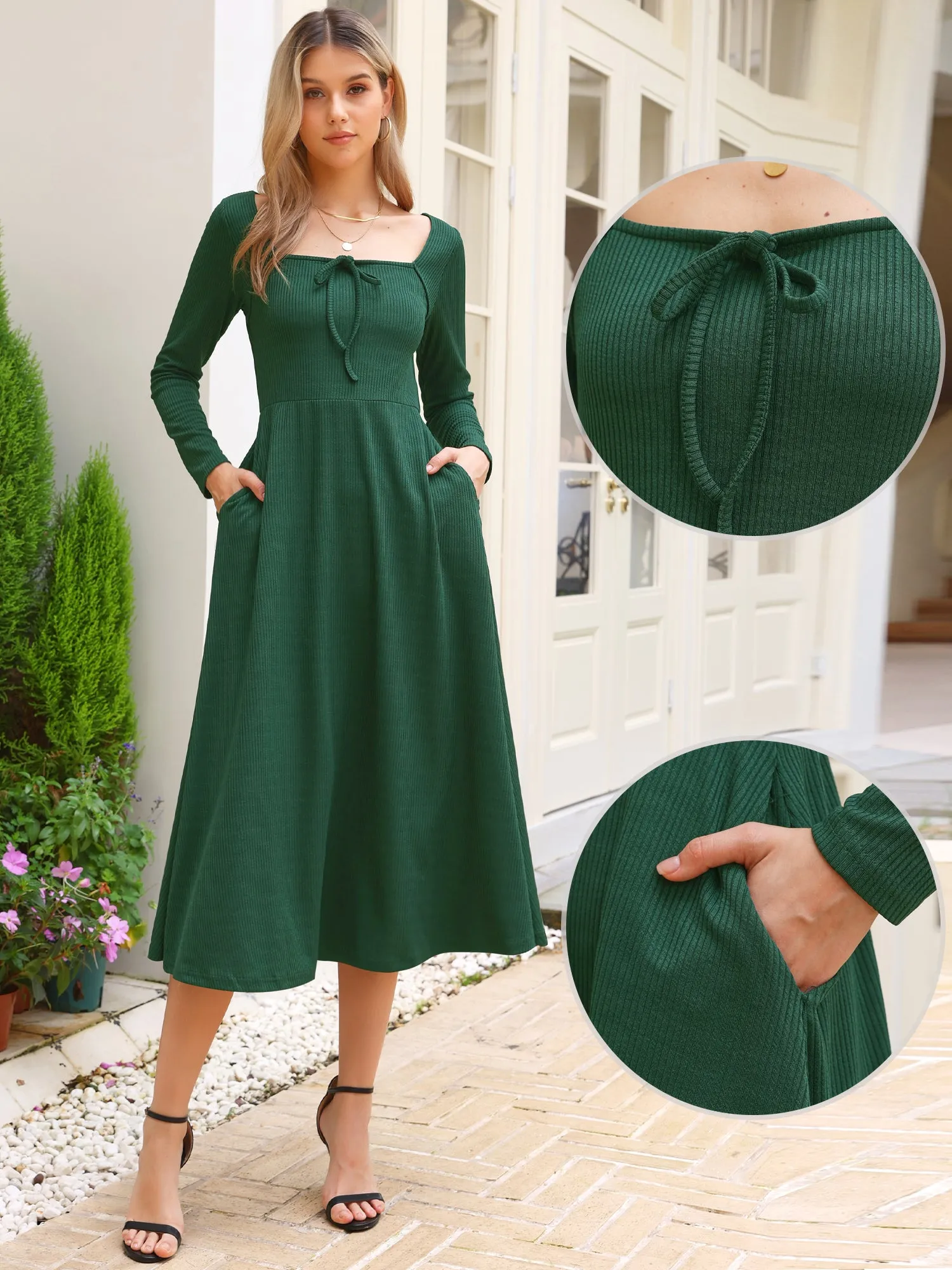 Square Neck Long Sleeve A-Line Pocket Knitted Dress sold by Allegra K product image thumbnail 3