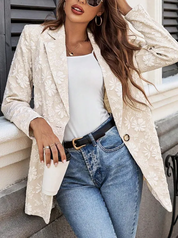 Floral Textured Jacquard Single Button Blazer sold by Allegra K