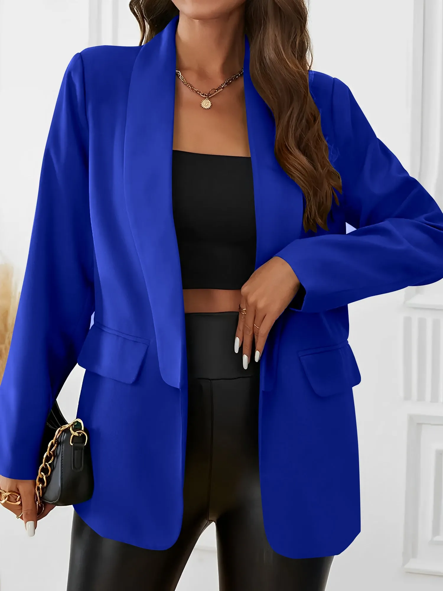 Solid Color Shawl Collar Long Sleeves Open Front Blazer sold by Allegra K