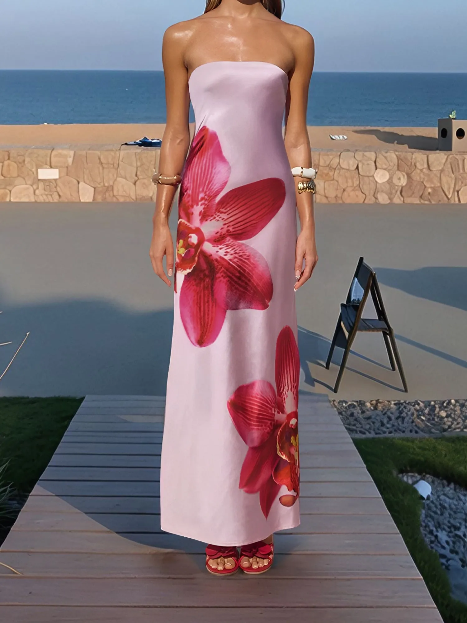Backless Strapless Floral Print Maxi Dress sold by Allegra K product image thumbnail 4