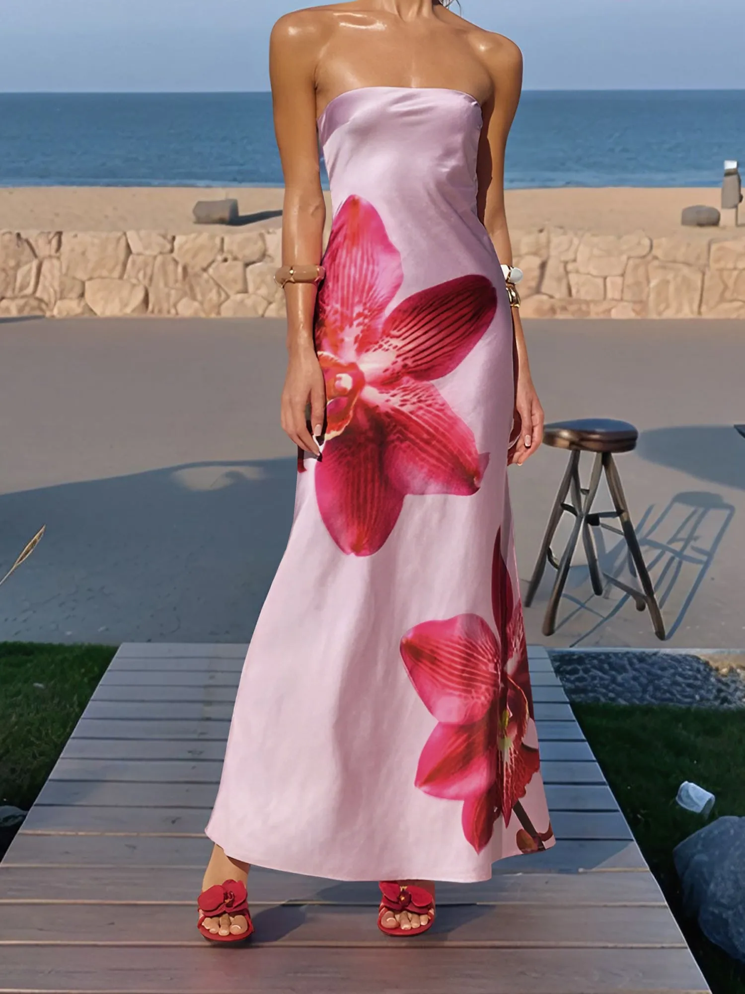 Backless Strapless Floral Print Maxi Dress sold by Allegra K