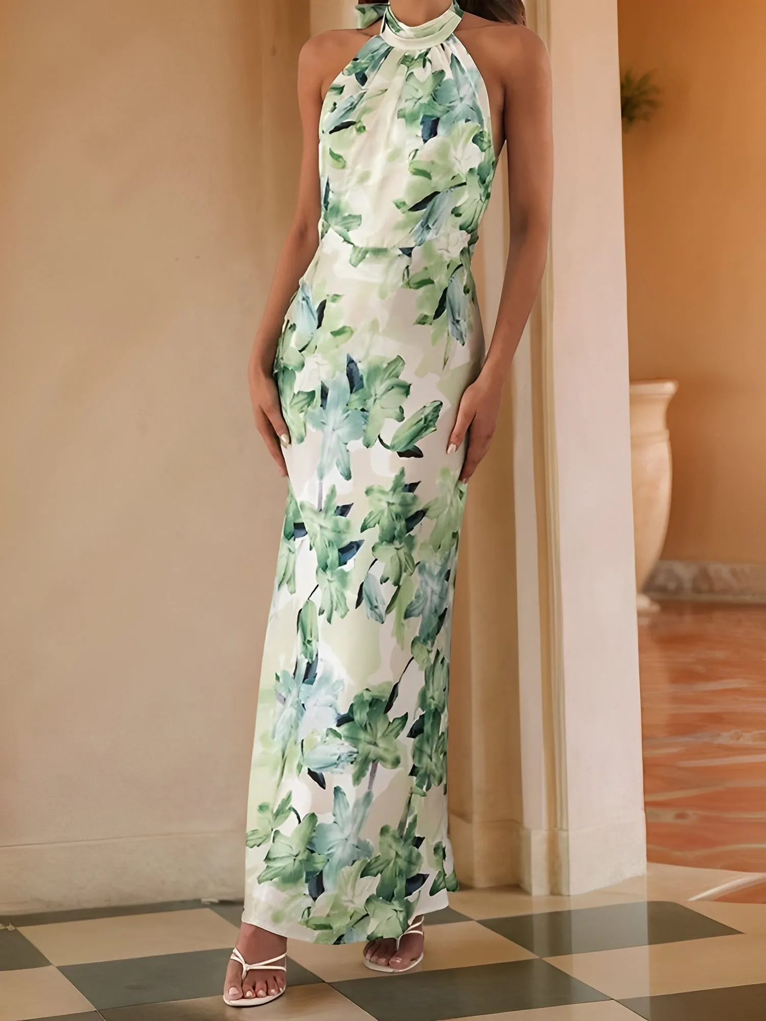 Halter Neck Sleeveless Backless Floral Maxi Dress sold by Allegra K product image thumbnail 4