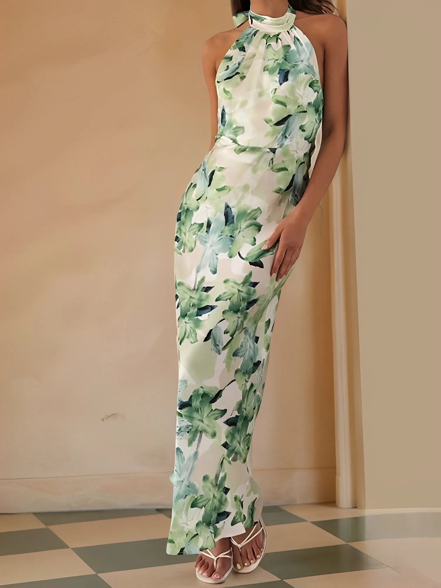 Halter Neck Sleeveless Backless Floral Maxi Dress sold by Allegra K