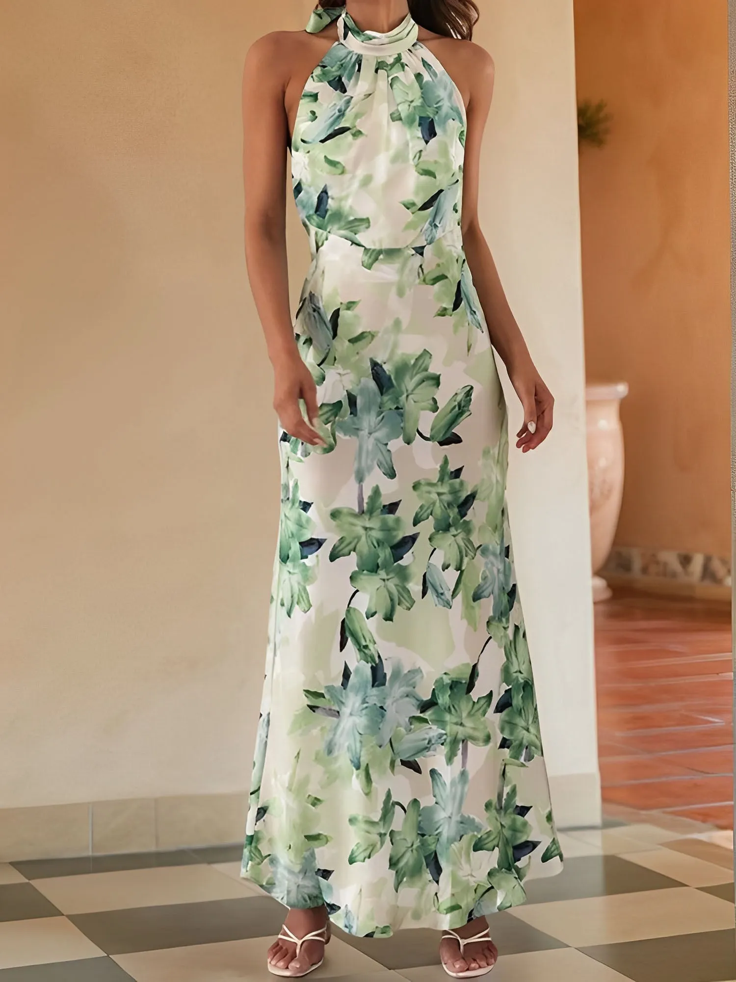 Halter Neck Sleeveless Backless Floral Maxi Dress sold by Allegra K product image thumbnail 5