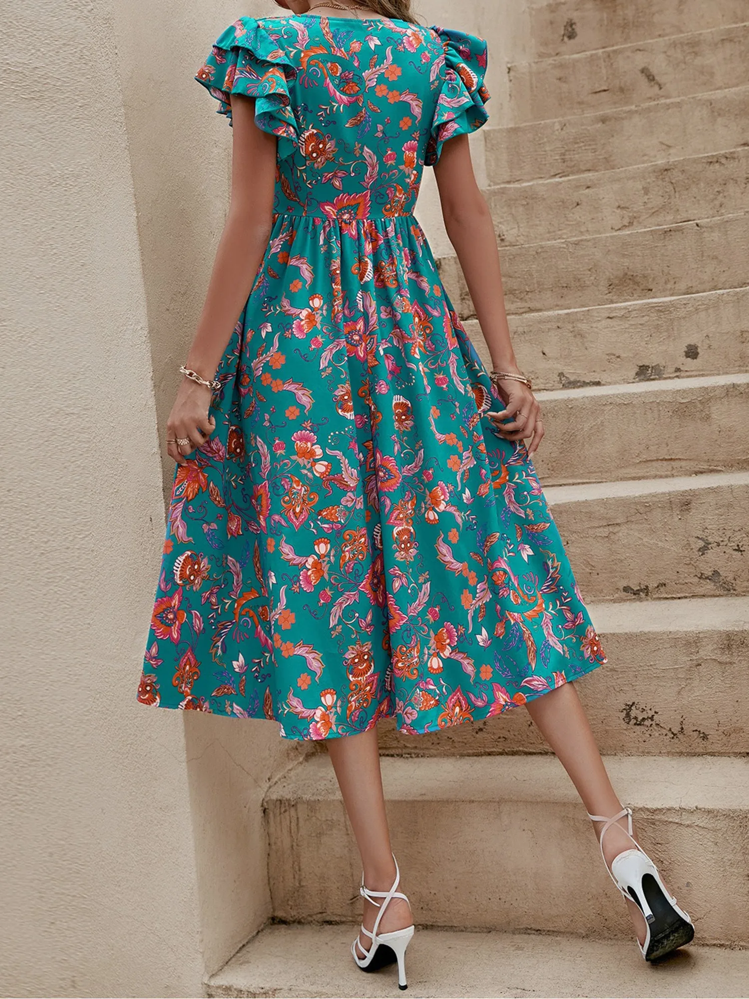 V Neck Layered Ruffled Sleeves Floral Smocked A-Line Dress sold by Allegra K product image thumbnail 2