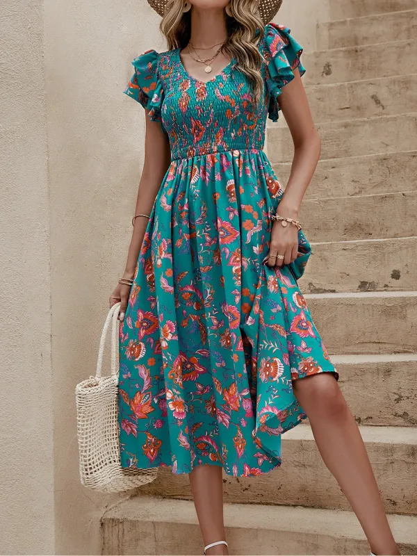 V Neck Layered Ruffled Sleeves Floral Smocked A-Line Dress sold by Allegra K