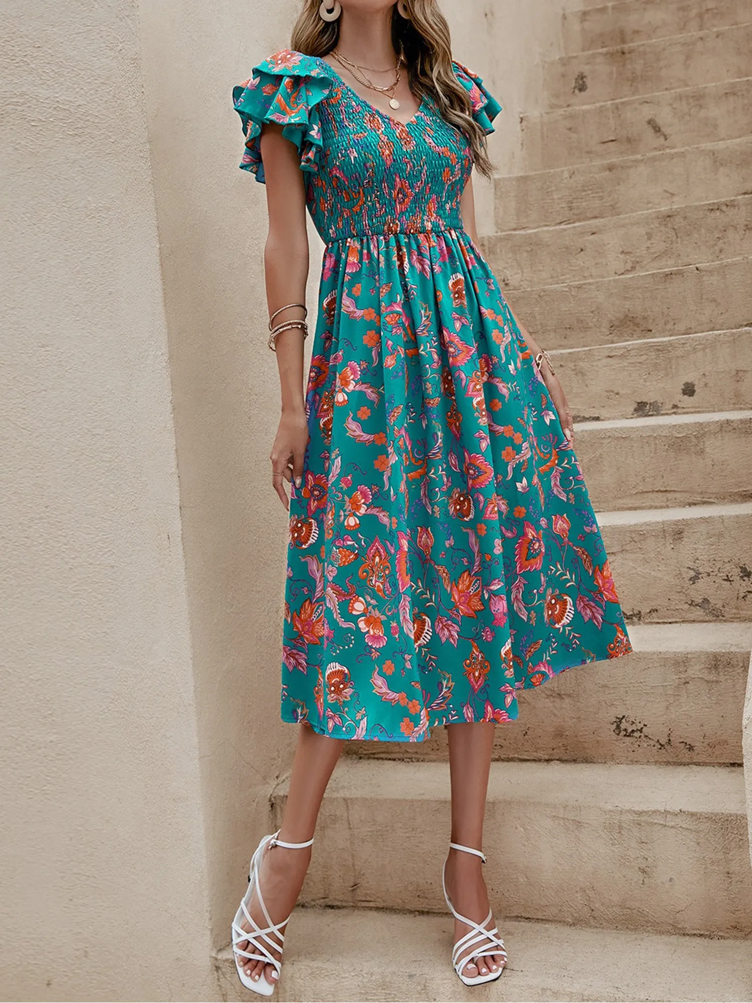 V Neck Layered Ruffled Sleeves Floral Smocked A-Line Dress sold by Allegra K product image thumbnail 4