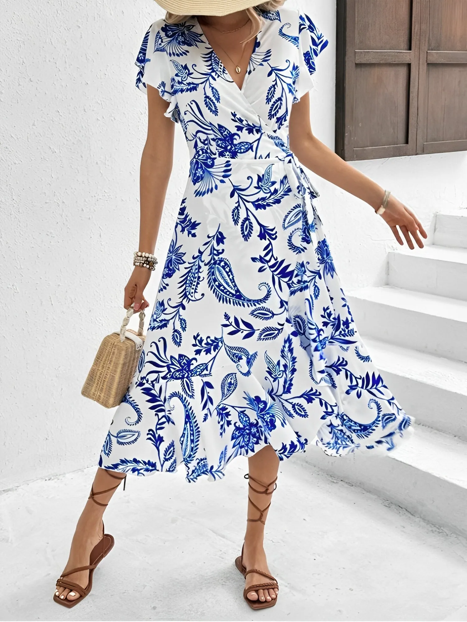 Floral Ruffled Short Sleeves Lace-Up Wrap Dress sold by Allegra K product image thumbnail 5